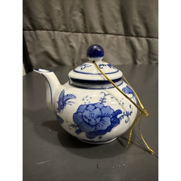 Vintage Miniature Mini Teapot Ornament Blue White Porcelain Floral Butterfly 3" - Picture 3 of 14